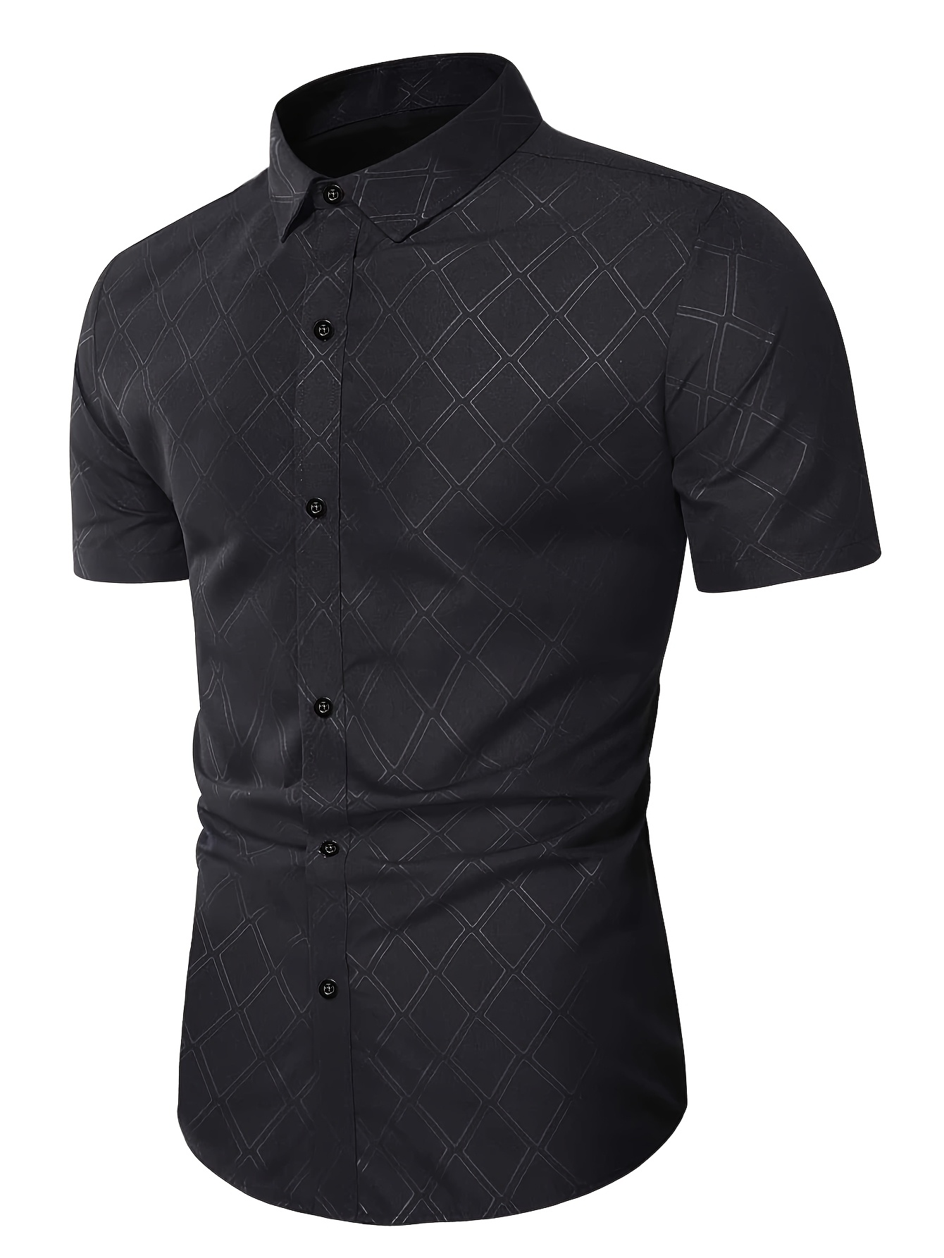 ανδρικό πουκάμισο στενής γραμμής με γεωμετρικό σχέδιο διαμαντιών - μαύρο, με κουμπιά, καλοκαιρινή επίσημη ενδυμασία, πολυεστέρας, πλενόμενο στο πλυντήριο, μοδάτη εμφάνιση | πουκάμισο με γεωμετρικό σχέδιο | πολυτελές πουκάμισο, κομψά πουκάμισα για το νέο έτος Στοιχεία είδους 2