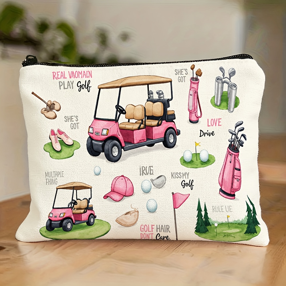TEMU 1 Cartoon Golf-themed Makeup Bag With A Zipper Closure, Featuring An , With Fun Patterns Of Golf Carts And Clubs, Is A Portable And Essential