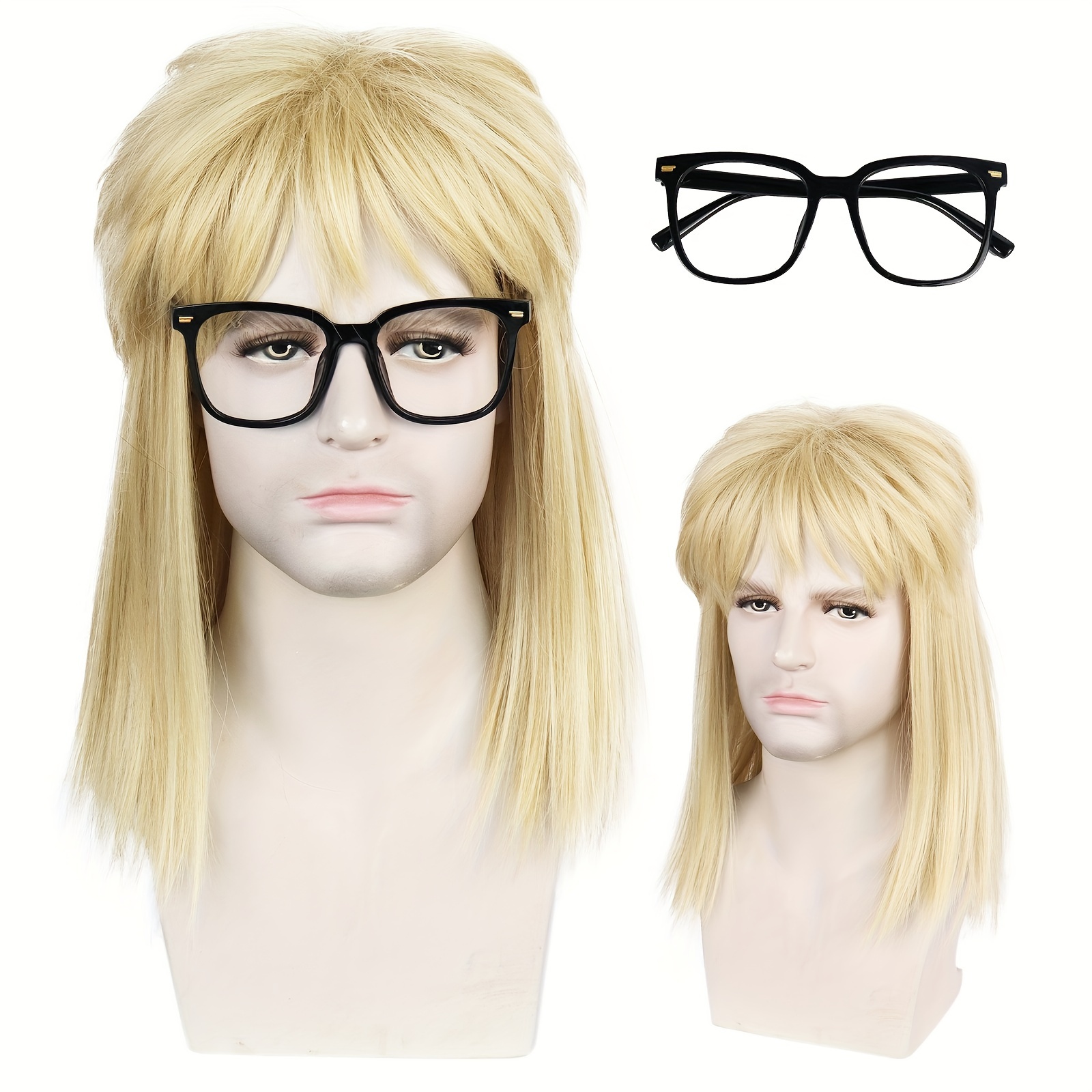 

80s Disco Blonde Mullet Wig With Bangs - Heat Resistant, Soft Synthetic Hair For Cosplay, & Casual Attire - Includes