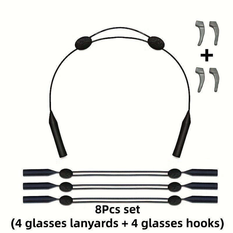 TEMU 8pcs Set: 4 Eyeglass Lanyards + 4 Eyeglass Hooks. Classic And Practical Anti-loss Eyeglass Cords, Simple Black Adjustable Fashionable Eyeglass