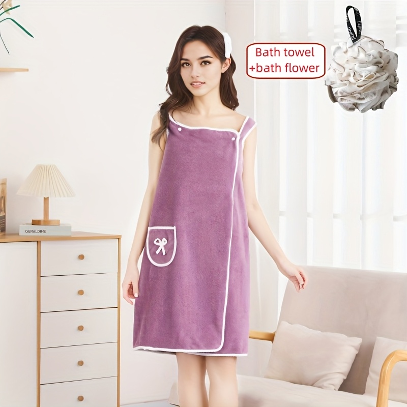TEMU 1/2pcs, Women's Bath Towel, Wearable Towel With Pockets, Adjustable Bathrobe, Changing Or Pool, Accessory, Beach Essential, Coral Fleece Bath Skirt, Multifunctional Towel + Bath Flower.