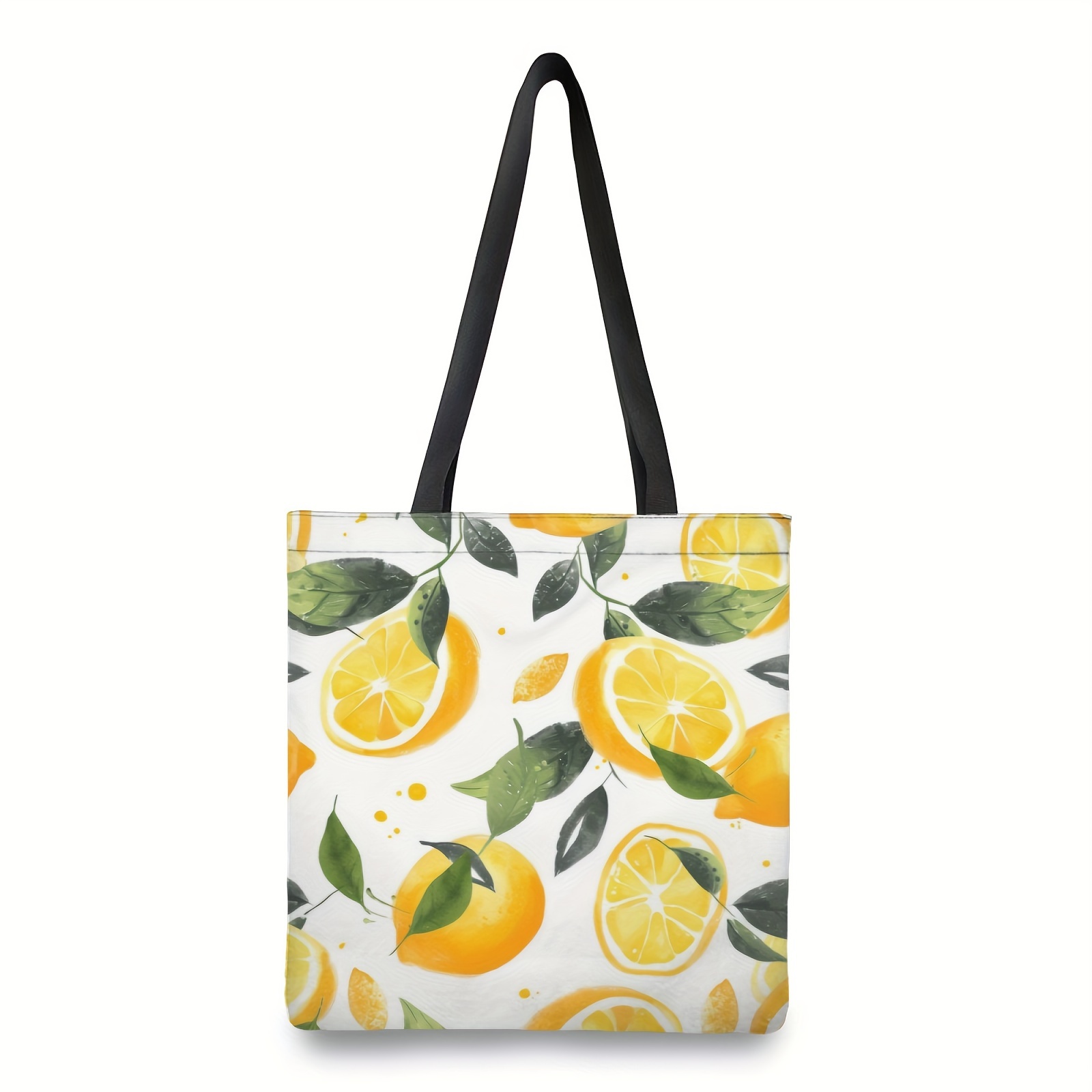 

1pc, White And Yellow Background With Lemons And Leaves Canvas Tote Bag Large Women Casual Shoulder Bag Handbag Reusable Multipurpose Shopping Grocery Bag For Outdoors