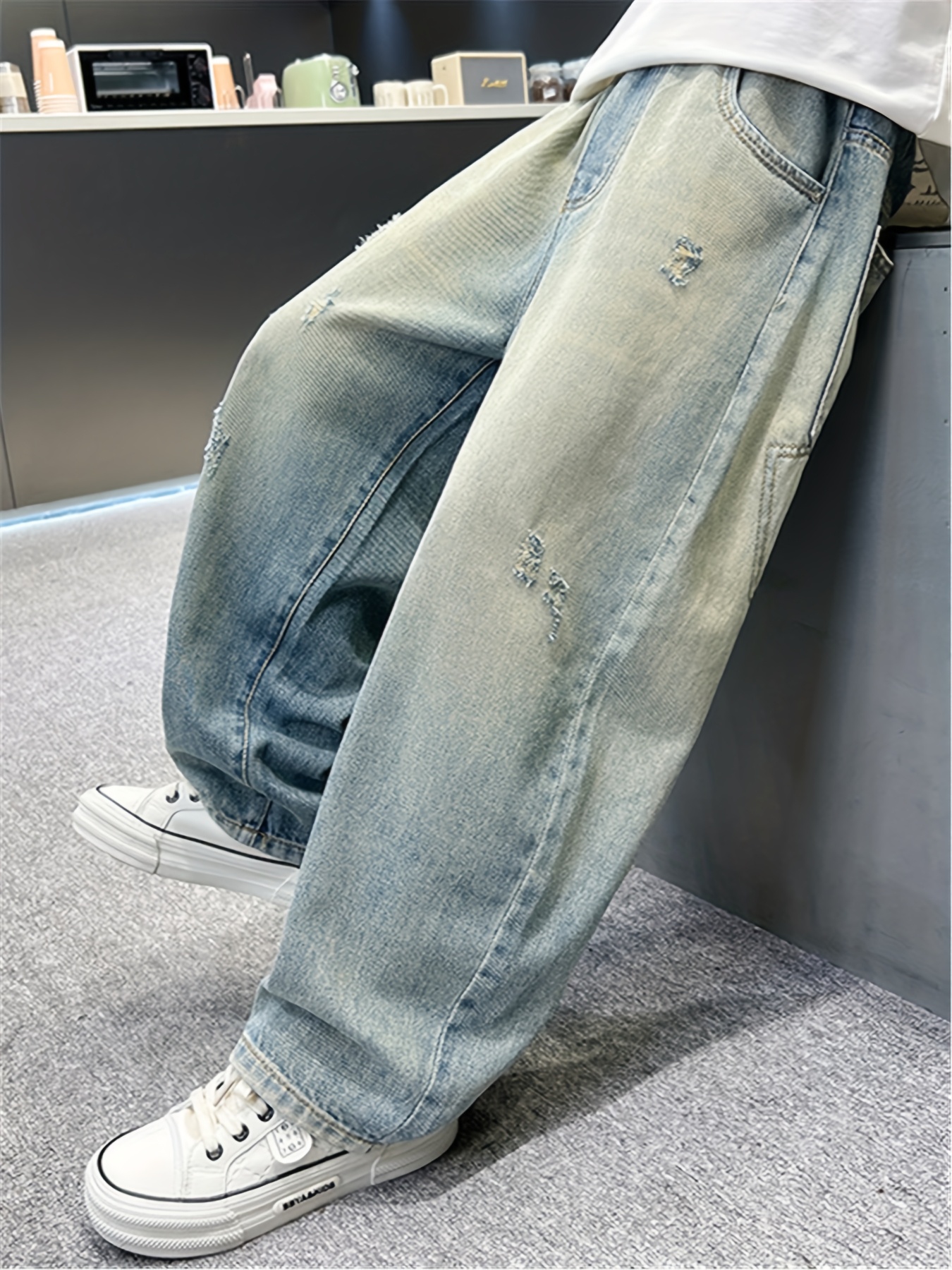 Jeans Baggy Garçons - Pantalon Denim Coupe Droite Loose Fit, Taille Élastique - Streetwear Moderne 5-12 Ans