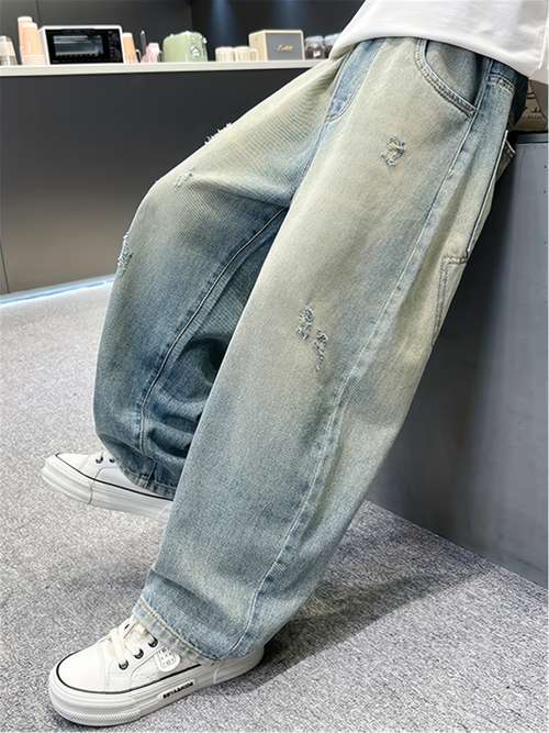 Jeans Baggy Garçon – Coupe Droite, Taille élastique, Style Streetwear, Décontracté (pour 5-12 Ans)