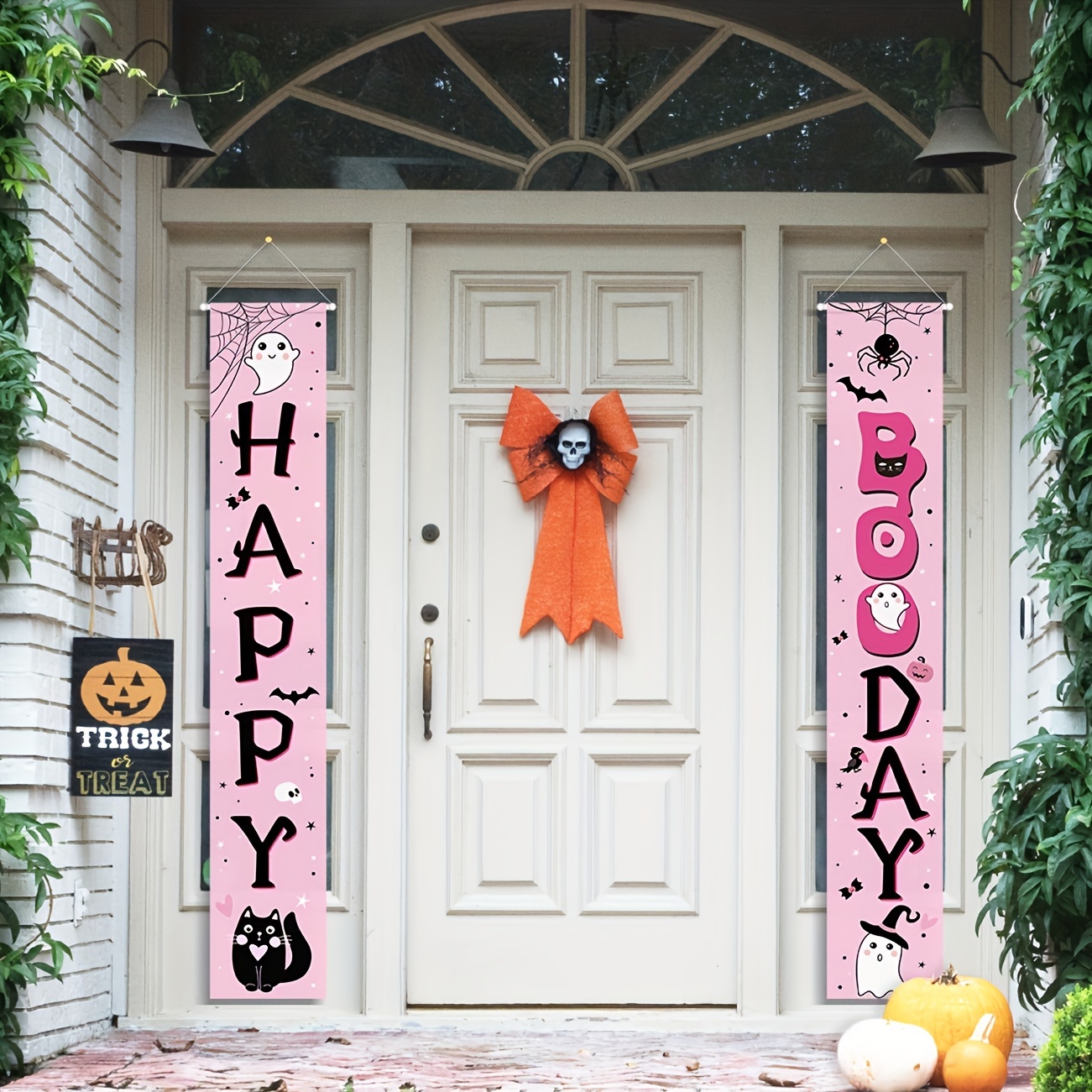 

Halloween Birthday Party Banners - Pink Vinyl Porch Sign Set, Spooky Ghost & Cat Pastel Decor, 'happy Boo Day' Entryway Hanging For Indoor/outdoor Halloween Festivities