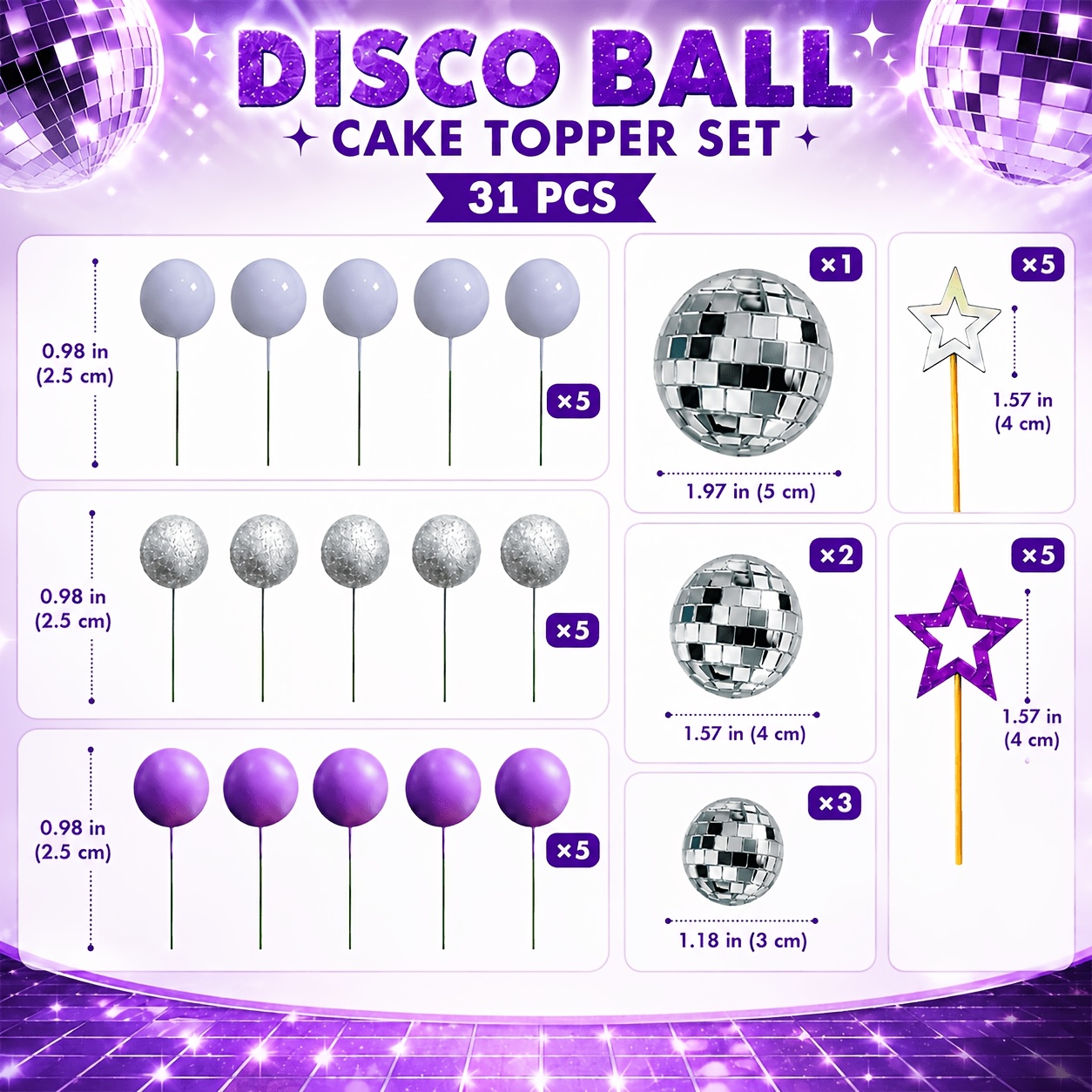 Image of 31pcs Disco Ball Cake Decorations Cake Decorations 70s And 80s Cake Decorations Silvery Purple Cake Balls Disco Ball Cake Decorations，halloween，christmas