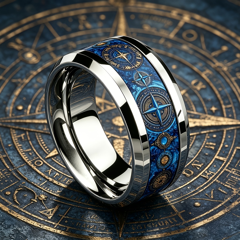 Retro Elegant Blue Galaxy Celestial Compass Ring