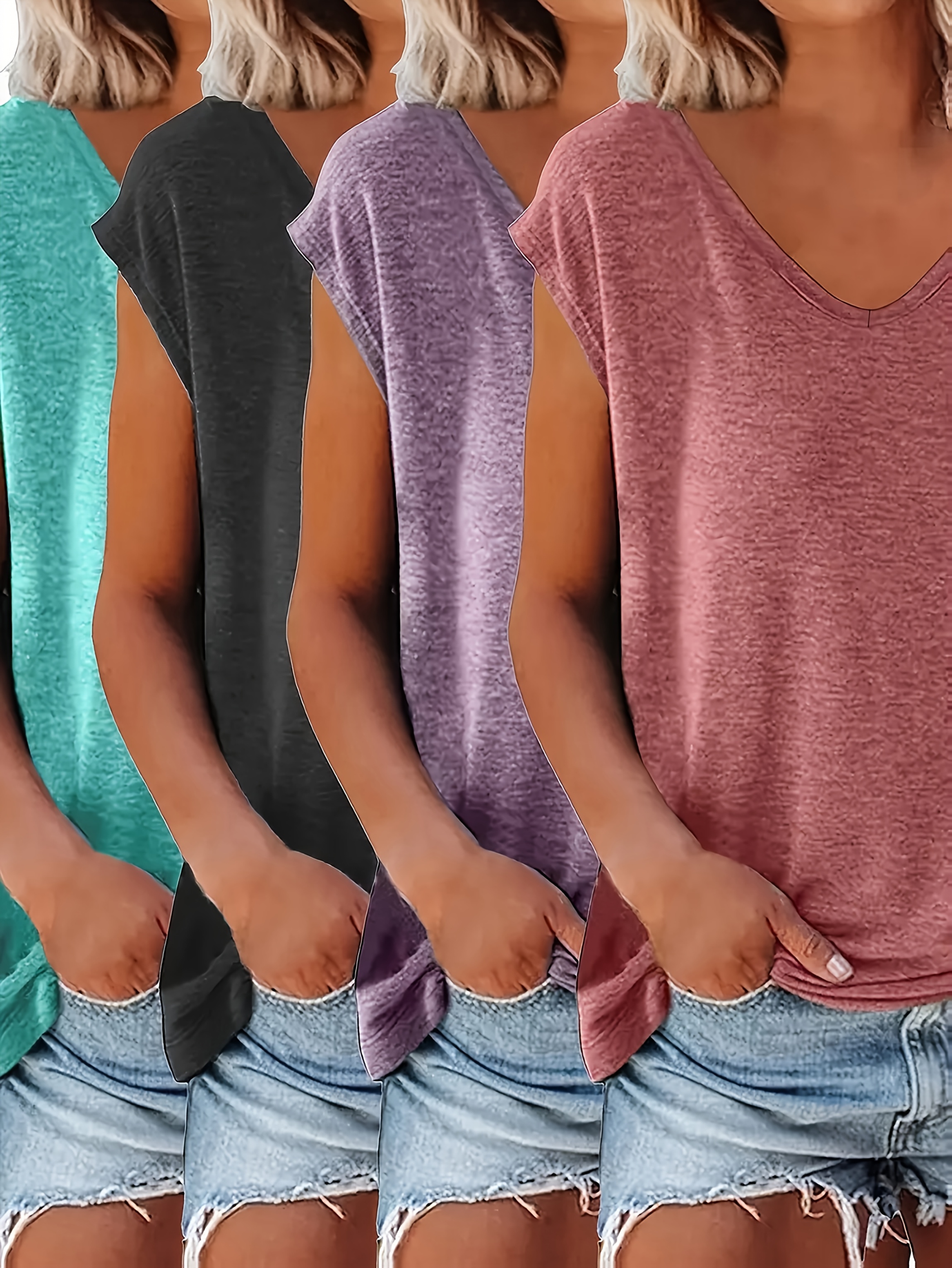 plus size, 4er-set damen v-ausschnitt kurzarm t-shirts - einfarbige sommer-  in pink, blau, grün, schwarz | atmungsaktive maschinenwaschbare opake shirts für casual looks, vielseitiges kleidungselement, schlichtes design, weicher stoff, wochenend-outfit