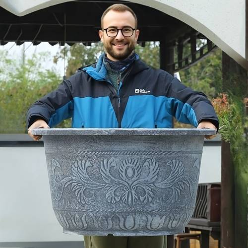 1 large round resin planter heavy duty cement look grey self standing flower pot with ornate flower patterns outdoor garden planter for trees for lotus shrubs vines durable resin concrete like pot