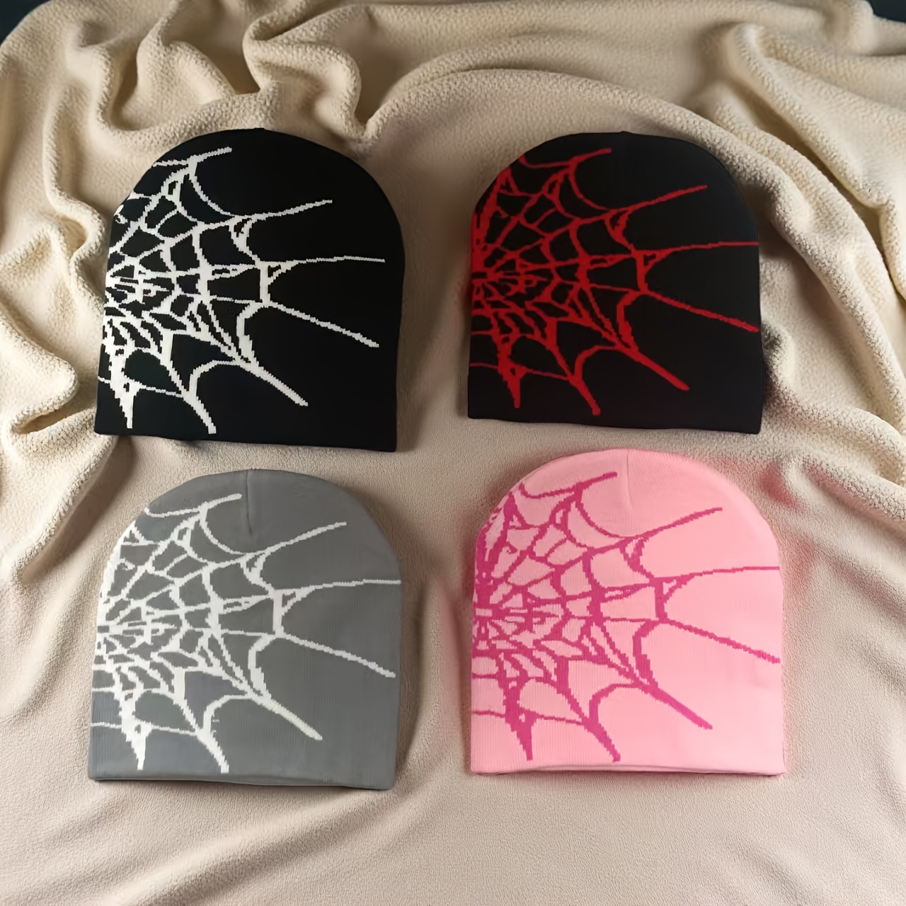 TEMU 4pcs Autumn Winter Spider Web Jacquard Knit Hat, Fashionable Outfit Cap, Outdoor Skiing Riding Cold Cap, Individual Street Hat