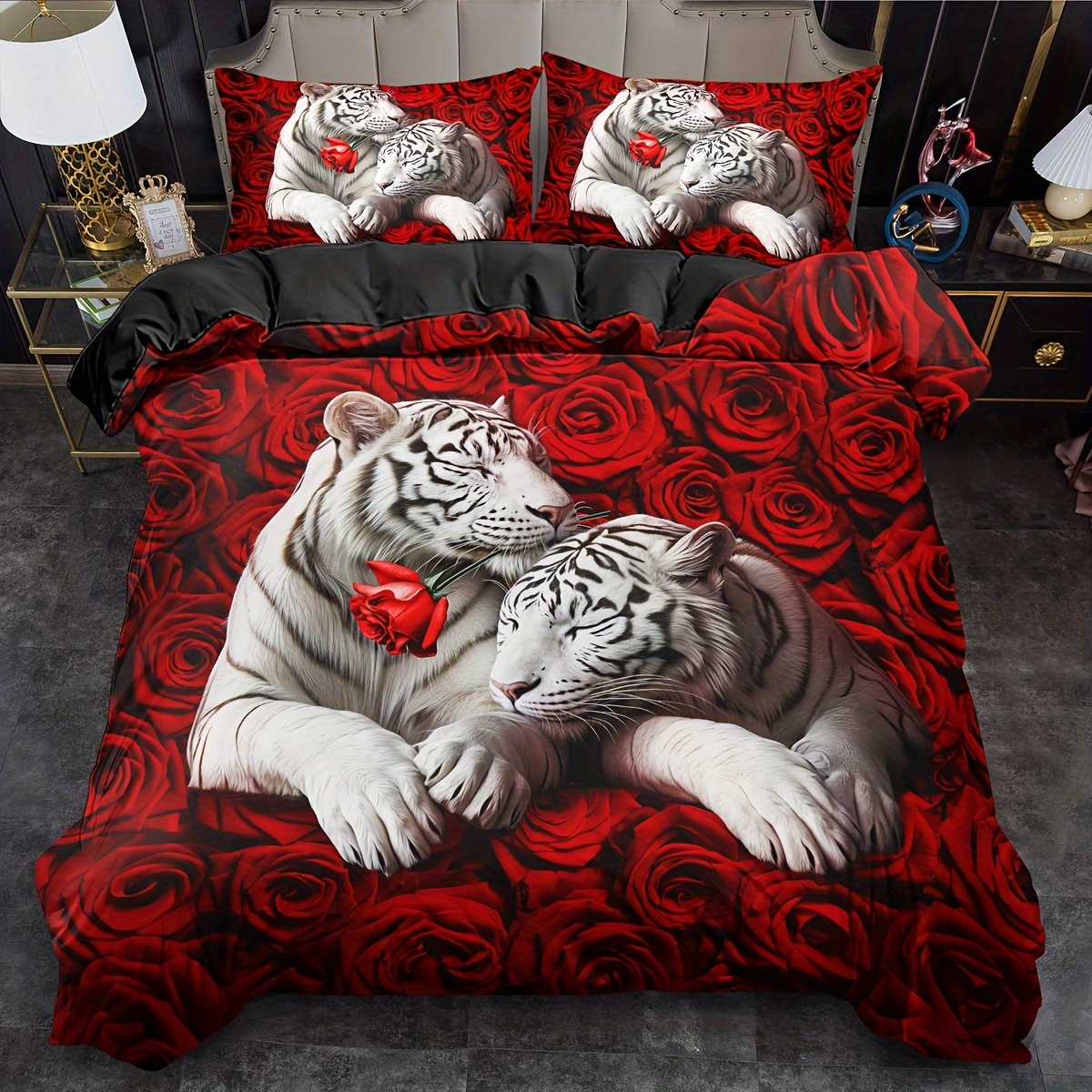 TEMU 2/ 3pcs White Tiger Duvet Cover Set, Soft And Comfortable, Tiger Rose Duvet Cover Sets King, Queen Duvet Cover Sets, Red Blue Rose Flowers