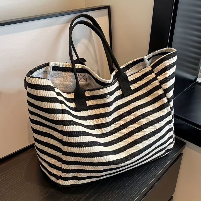 

New Stylish Commuting Canvas Bag For Women, Large Capacity Striped Tote Bag For Moms.