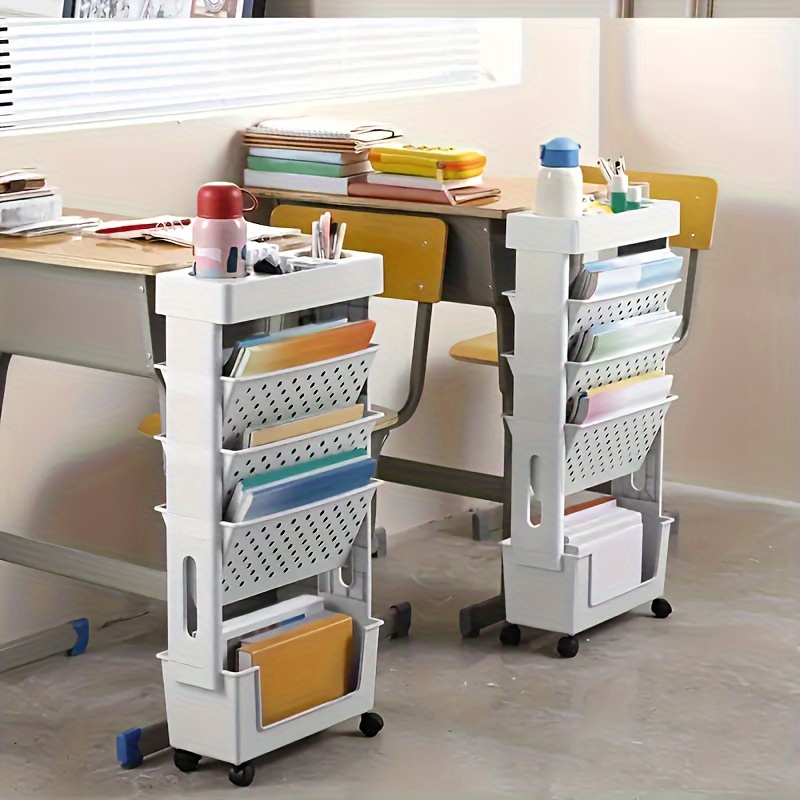 

1pc Wheeled Supply Organizer Cart - Compact Desk And Floor Storage Solution With Easy-to-move Multifunctional Shelves For Office Study Supplies, Books, And Organization With Pen Holder