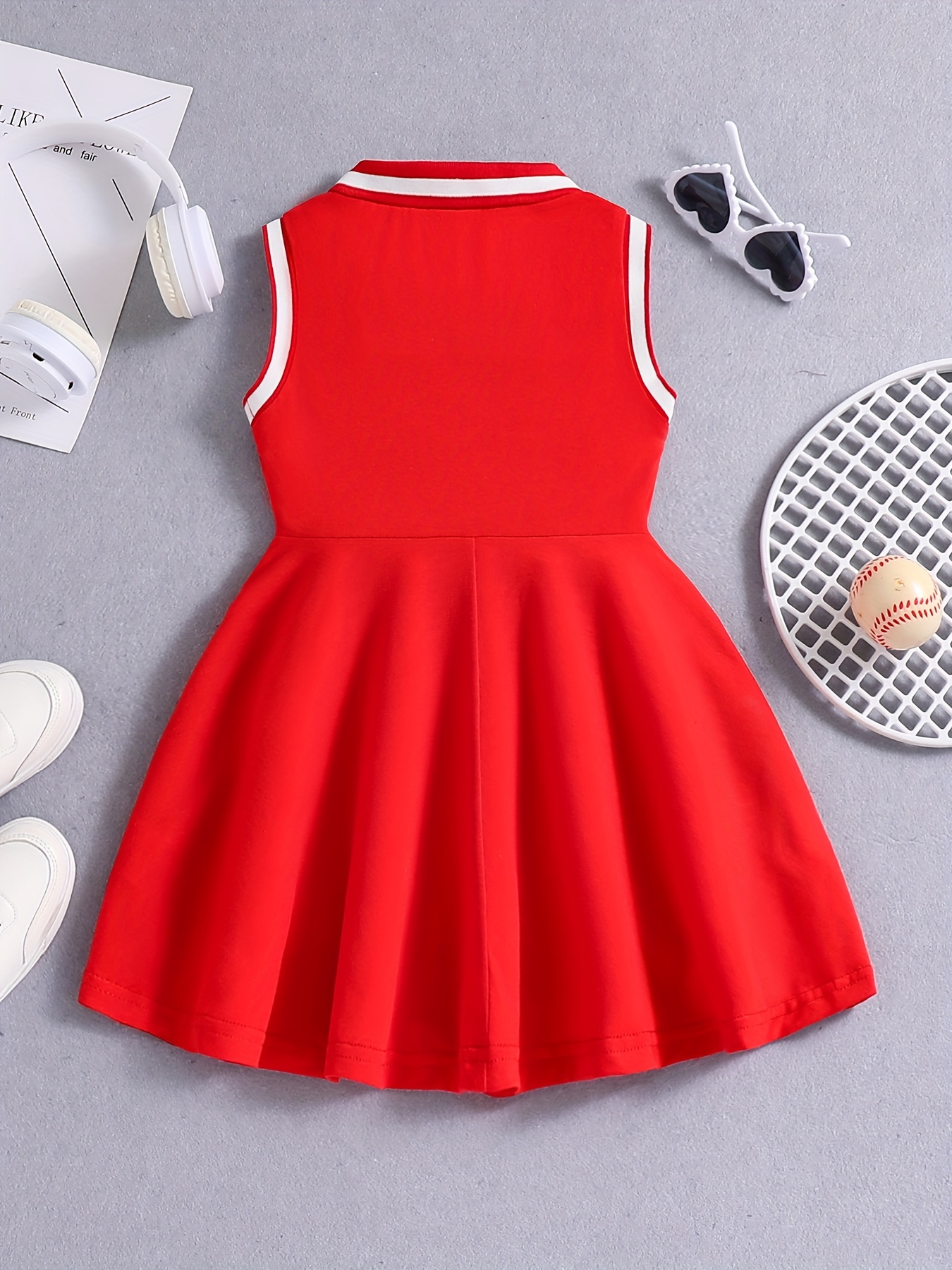 Sporty Elegance] Girls' Red Tennis & Athletic Dress - Breathable, Sweat Absorbent Polyester with Stretch | Sleeveless Design with Black Lettering for Sports & Casual Wear