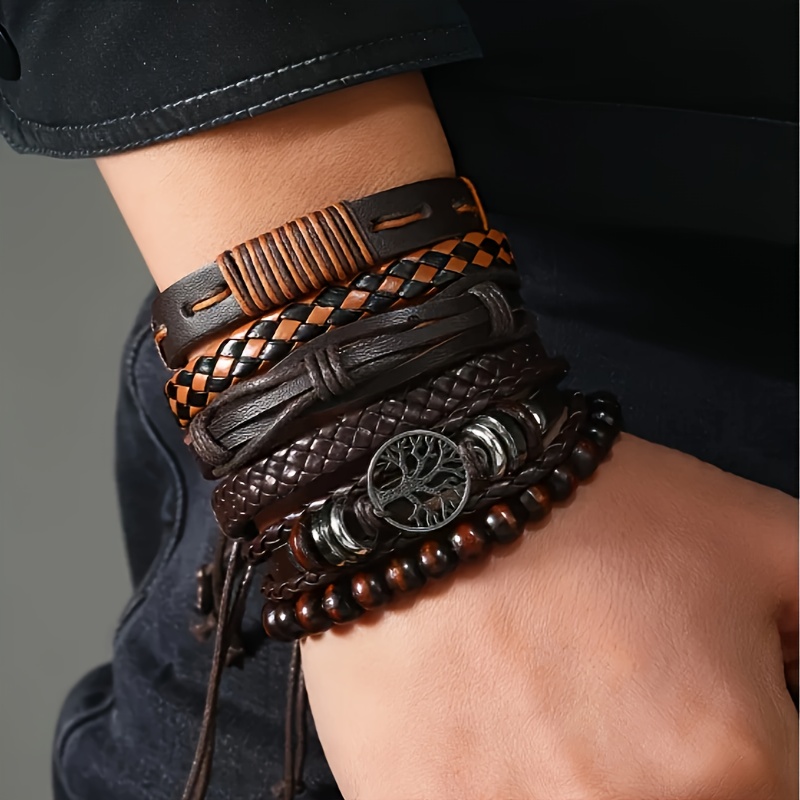 

Men' Faux Leather Bracelet Set, Handmade Braided Faux Leather Wristbands, No Plating - Elegant Unisex Jewelry Accessory