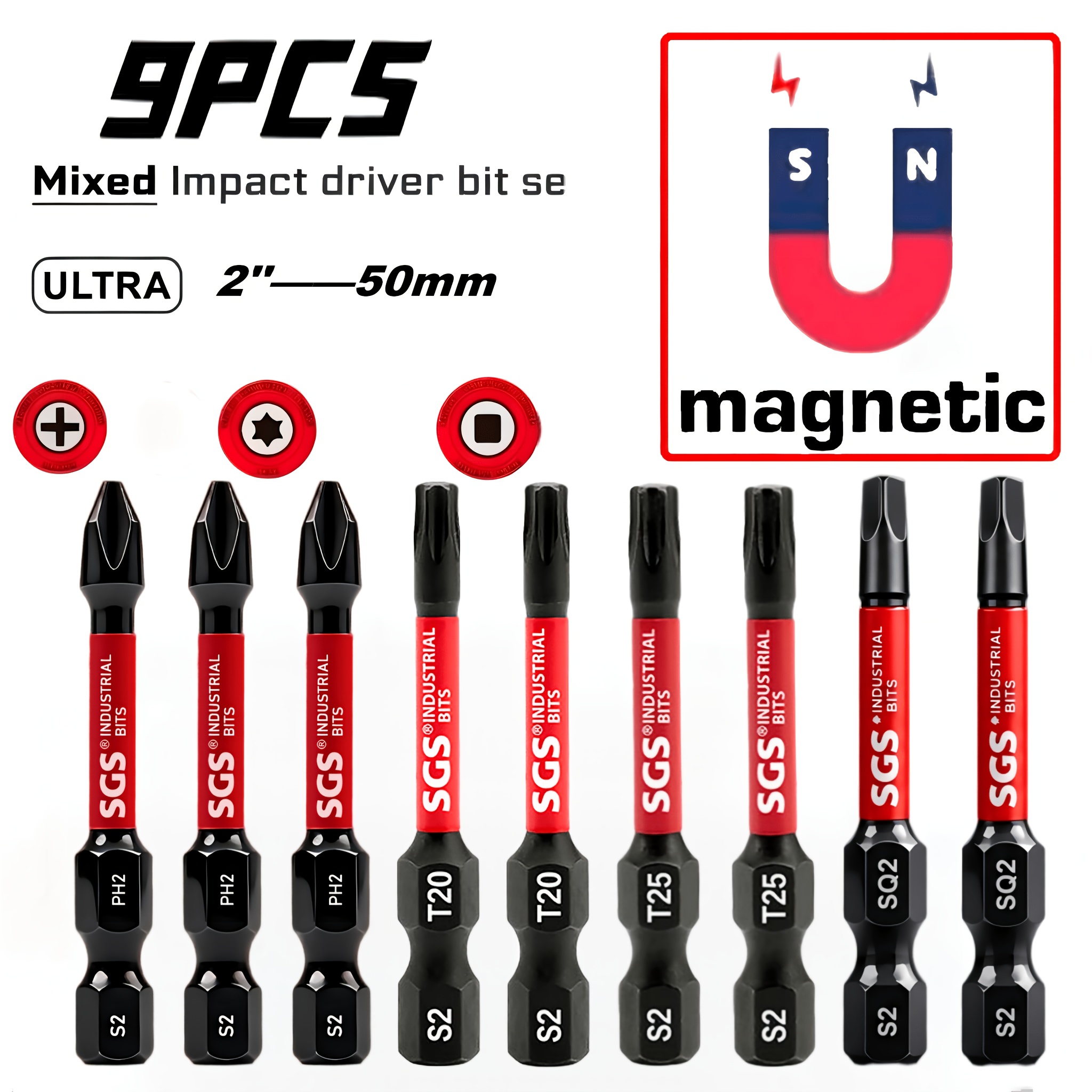TEMU High Hardness 9pcs S2 Alloy Steel Bit Set With Extended Rods, Full Specifications Of Phillips/hex/square Bits, Anti-collapse Magnetic Anti-slip