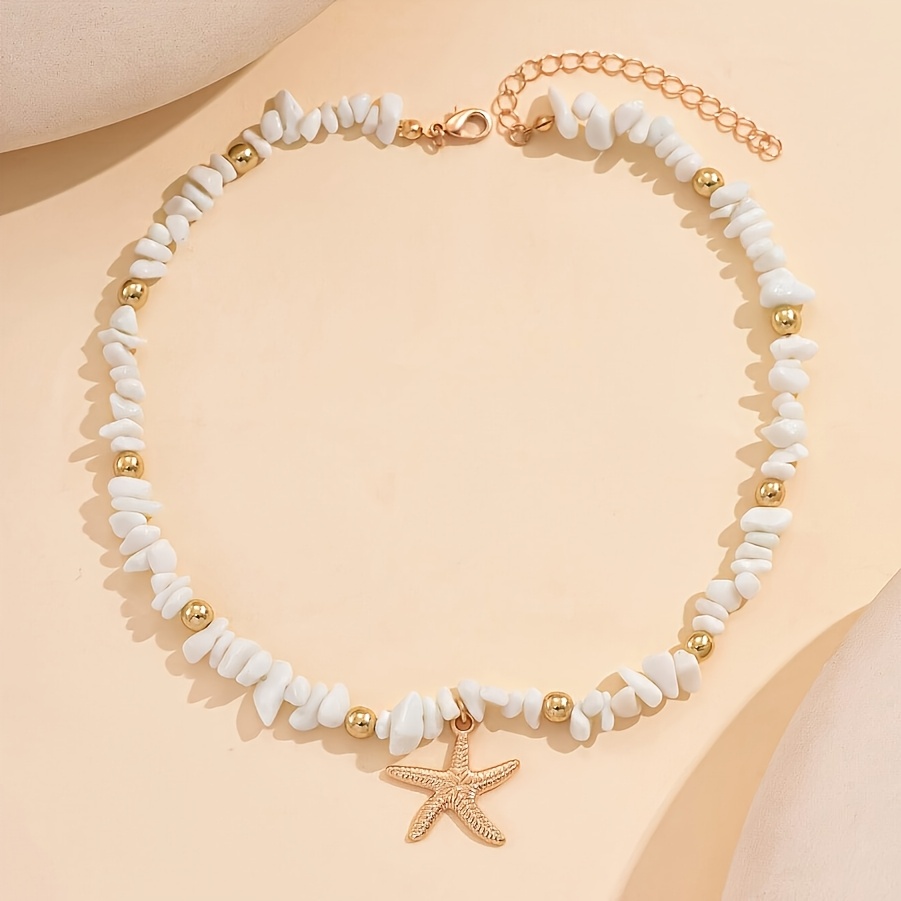 1 Strand Bohemian Natural Stone Beaded Starfish Star Pendant Necklace