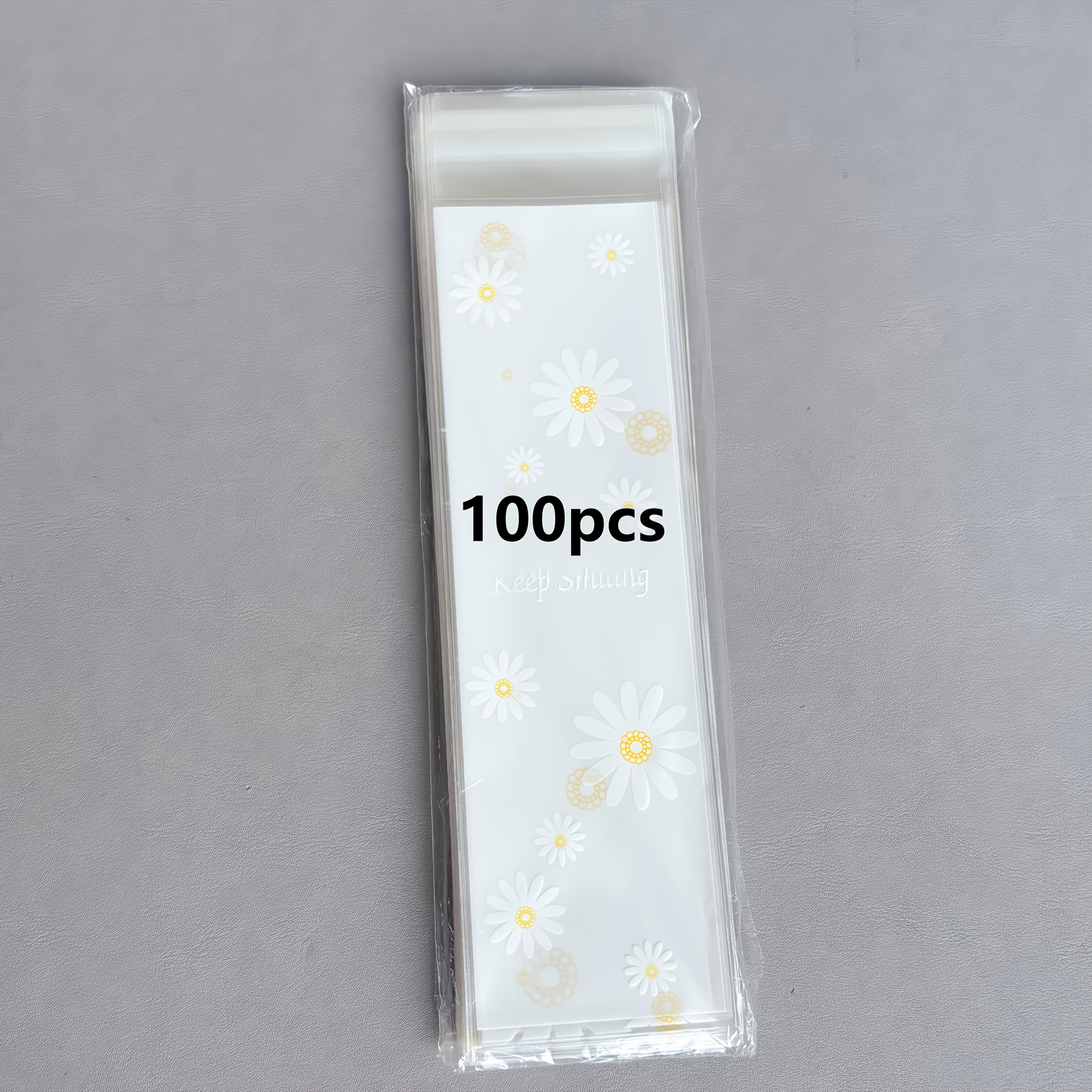 TEMU 100pcs - 2.36x9.06 Inch Rectangle Daisy Self-adhesive Plastic Bags - Opp Material, White With Yellow Flower Pattern & Inspirational Quotes, Diy
