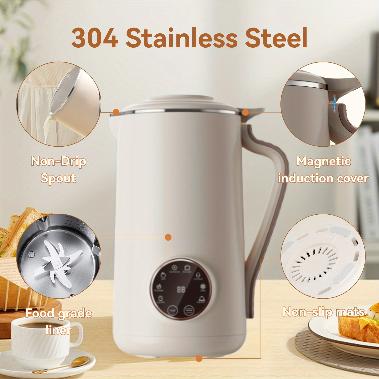 

Intelligent Low-noise Soy Bean Milk Machine, Automatic , Soy Machine, Homemade , Oat, Coconut, Soy, And Non-dairy Beverages, Single Servings, Stainless Steel, Self-cleaning,