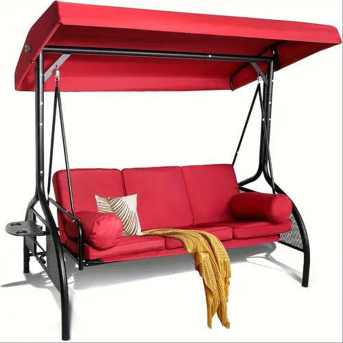 3 seat patio swing chair outdoor porch swing with adjustable canopy convertible backrest swing bed with cushion cup holder for front porch lawn poolside