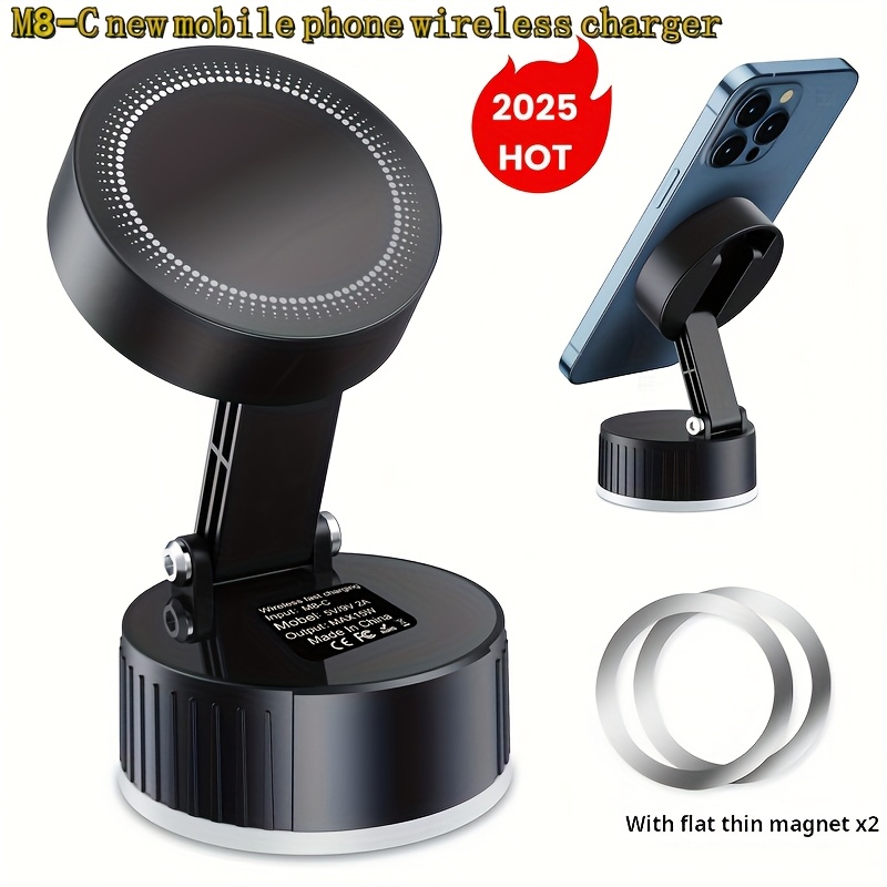 TEMU Home Mobile Phone Holder Magnetic 15w Wireless Charging, With Vacuum Base - Folding Design, Easy To Carry, Reliable And Stable Dashboard