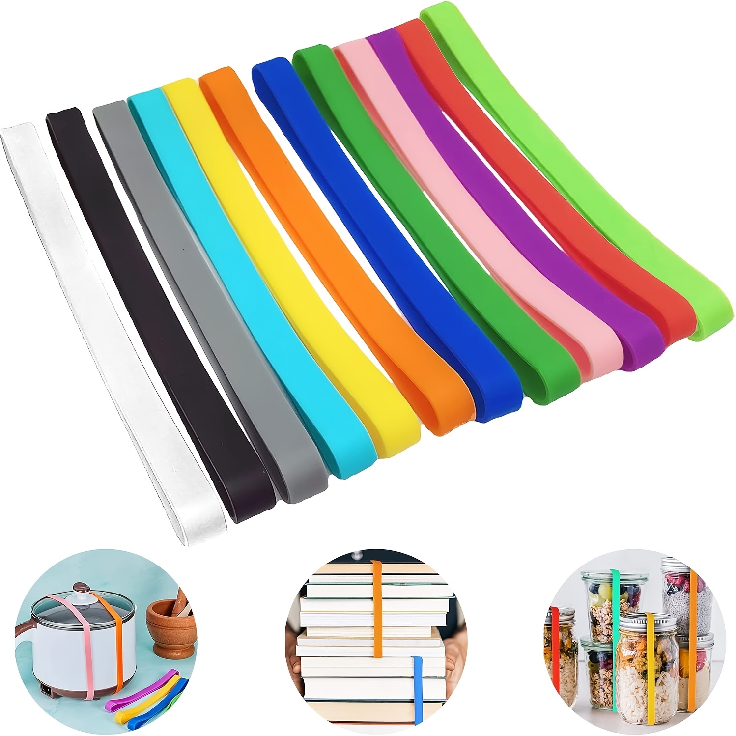 

12pcs Silicone Rubber Bands - Assorted Colors, 2 Sizes, & Stretchy, Reusable For Office, Home, School Supplies