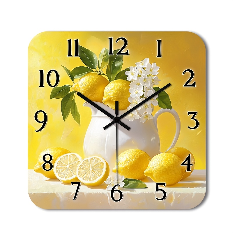 TEMU 1pc Modern Minimalist Lemon & Floral Wall Clock - Non-ticking Silent Battery-free Operation, Wooden Rectangular Square Clock With Vibrant Yellow