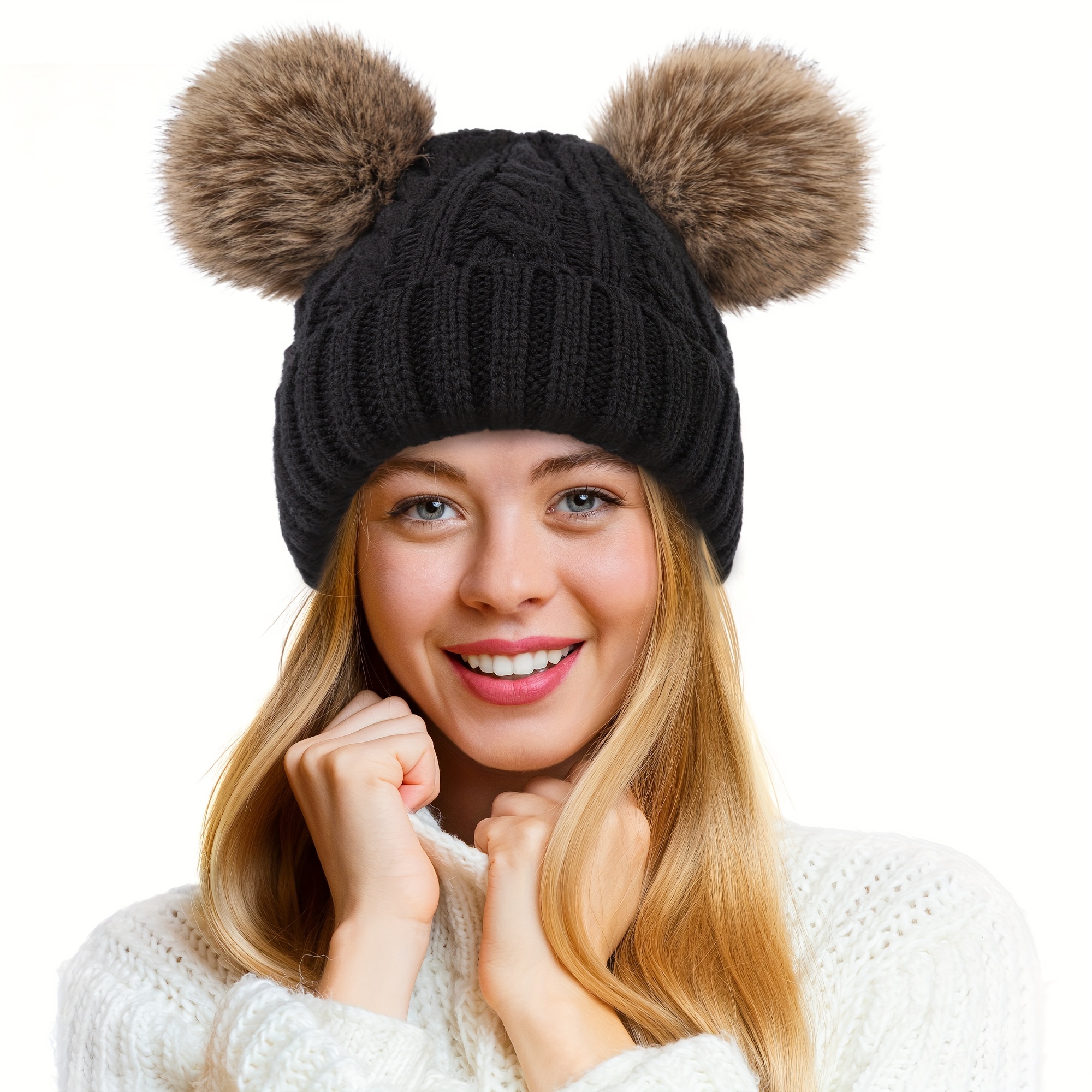 

Pom Pom Hats For Women Double Pom Pom Beanie For Women Knitted Hat Black Beanie Hat Warm Women Winter Hats For Women Beanies With Pompom Ski Hat Women