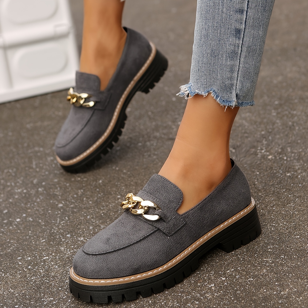 TEMU Women's Moccasin-style Loafers - Soft Slip-on Shoes With Golden & Arch, , Solid Color (black/tan/navy/gray/burgundy) - Rubber Sole & Lacing