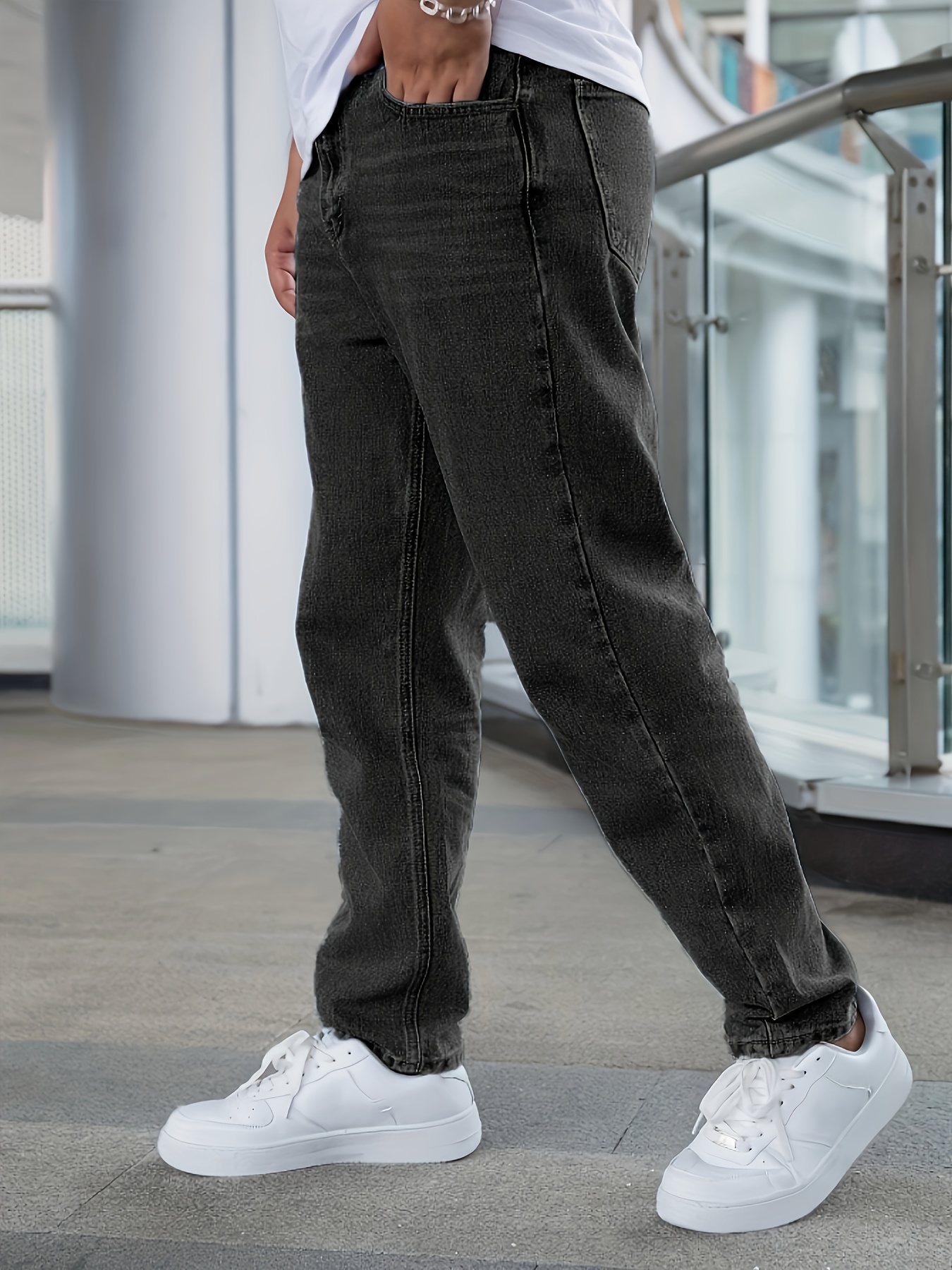*'S Classic Straight-Leg Denim Non-Stretch Heavy-Duty Washed Denim  Pants with Reinforced Pockets, Regular *-Season Streetwear for Casual 