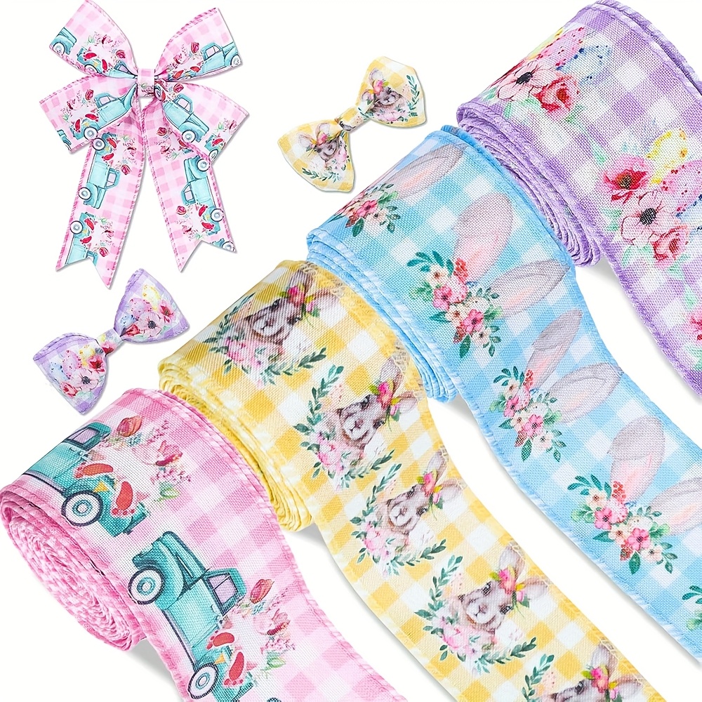 

20 Yards Easter Wired Ribbon Egg Craft Ribbon Watercolor Spring Decoration Fabric Ribbon For Gift Wrap Hair Accessories Bow Sewing Wreath Crafts, 4 Rolls