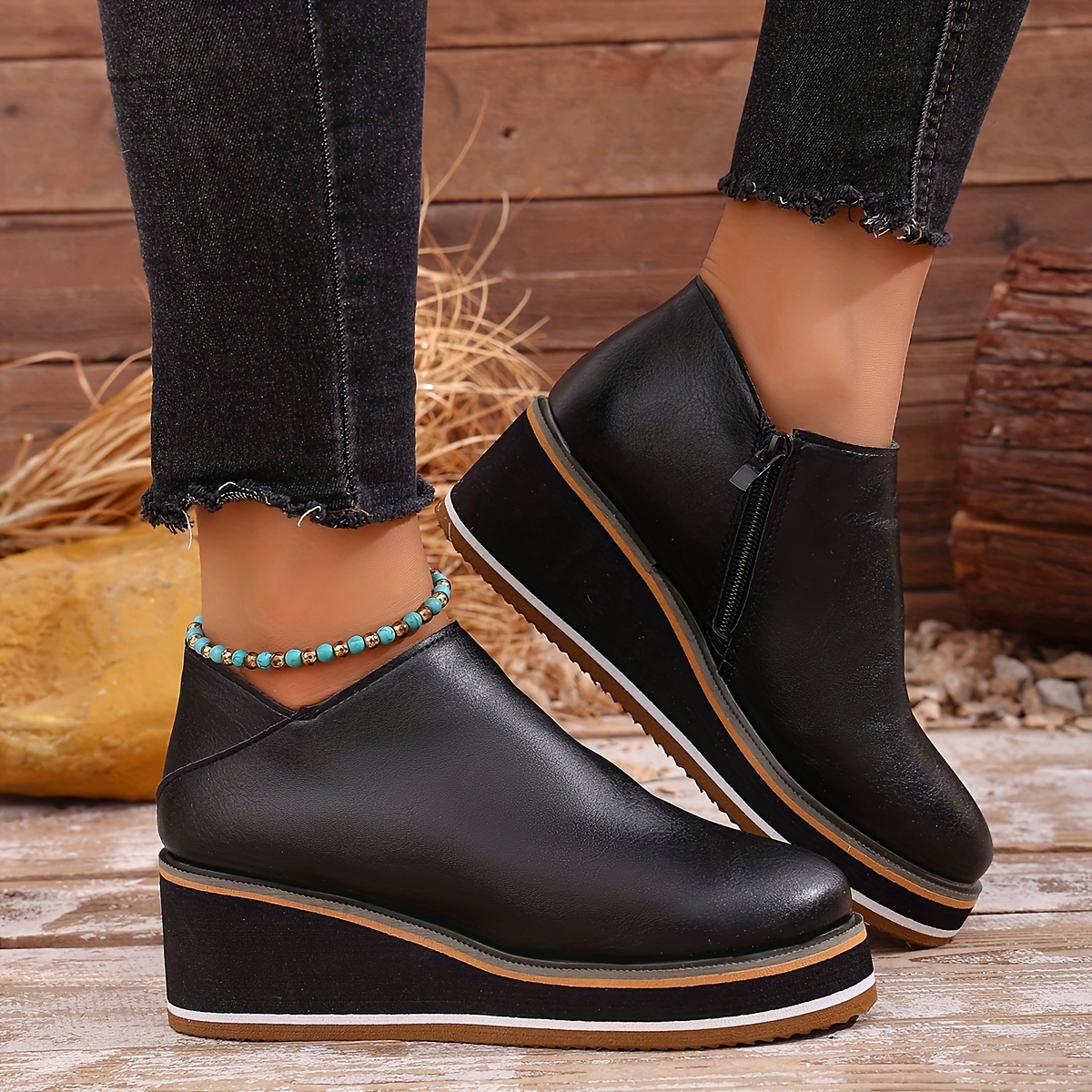 TEMU Botas de mujer de moda con plataforma de cuña y cremallera lateral de calidad, botines de otoño/invierno, parte superior de PU - y cómoda,