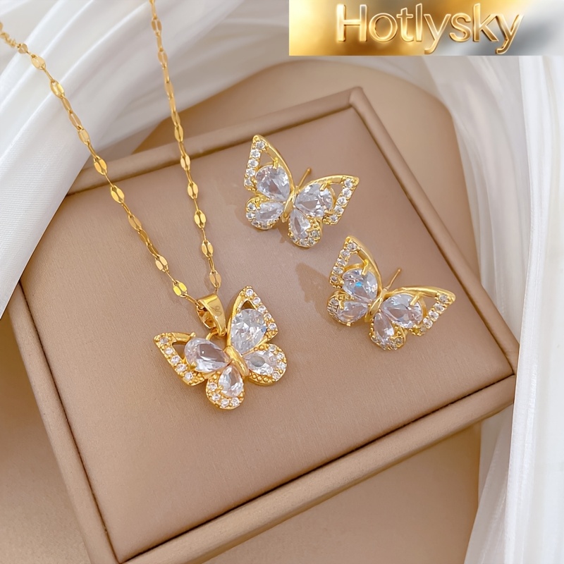 TEMU 3pcs Women's Jewelry Set, Alloy Plated Synthetic Zirconia, For Individual Purchase Of 2pcs Stud Earrings Or 1pc Necklace, And Festival Design,