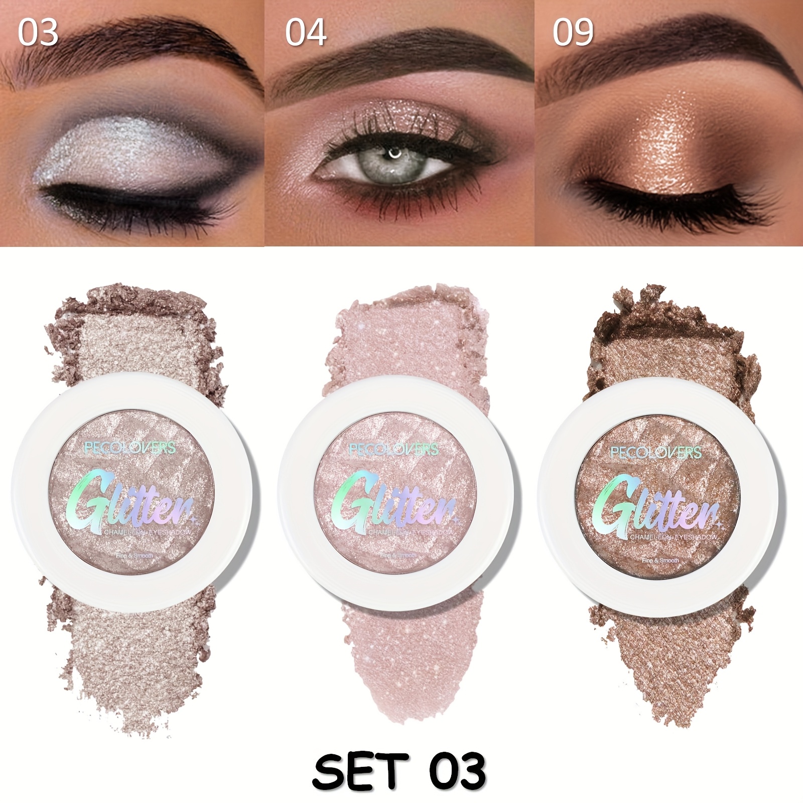TEMU 3pcs/set Eyeshadow Monochrome Glitter Palette Make-up Metal Flash Waterproof Long-lasting Potato Eye Shadow Easter Holiday Party Favor