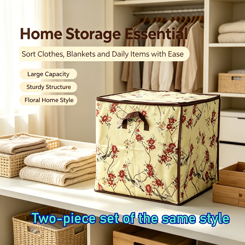 TEMU 2pcs Extra Large Floral And Bird Pattern Storage Bags - Double Zipper Closure, Foldable For Clothes,, Travel - Fashionable Home And Closet