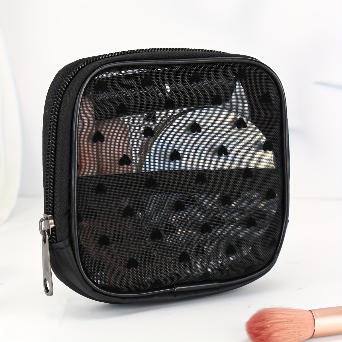 

Chic Mesh Lipstick Bag With Heart Pattern, Portable Small Makeup Pouch, Storage Organizer For Home & Travel Use