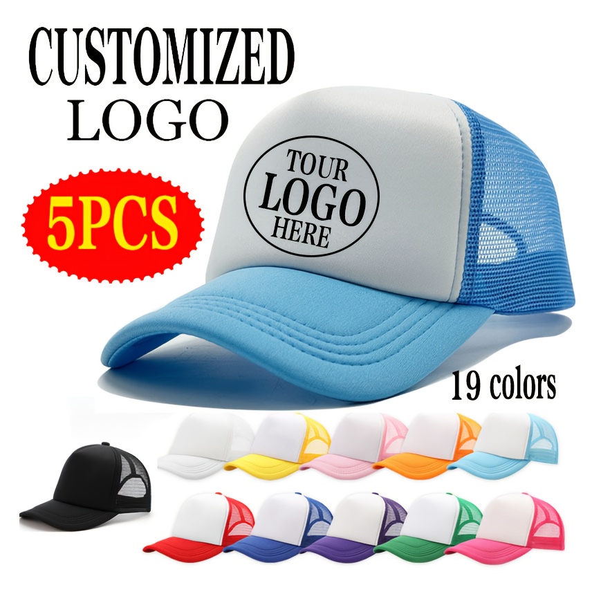 TEMU 5pcs Baseball With Customized Logo For You, Adjustable Size Mesh Trucker Hat, 18 Colors White Black Gray Green Purple Army Color, Diy Hat