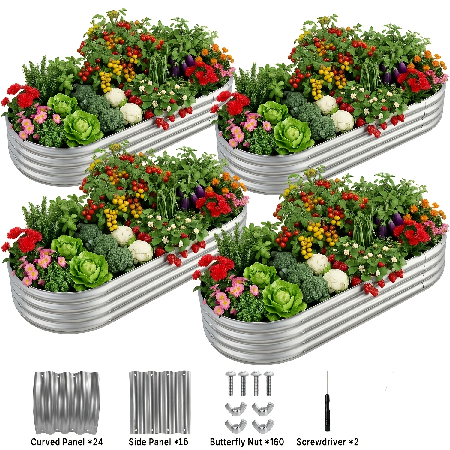 TEMU 4pcs Set Of Galvanized Outdoor Planters, Large Planters, 4x2x1ft Oval Metal Planters, Suitable For Vegetables, Fruits, Flowers, Herbs, Easy To