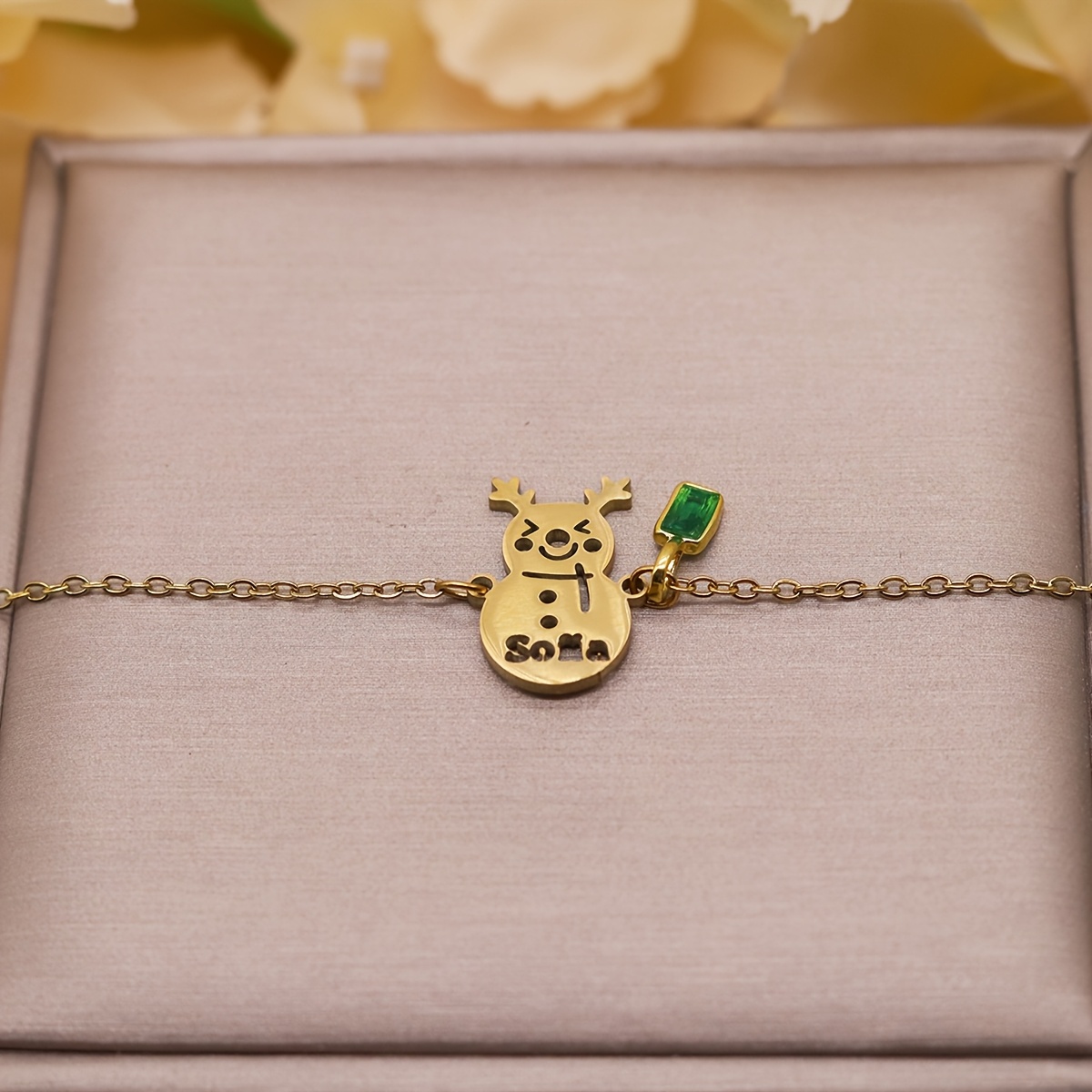 Personalized Snowman Name Bracelet with Green Charm, Stainless Steel