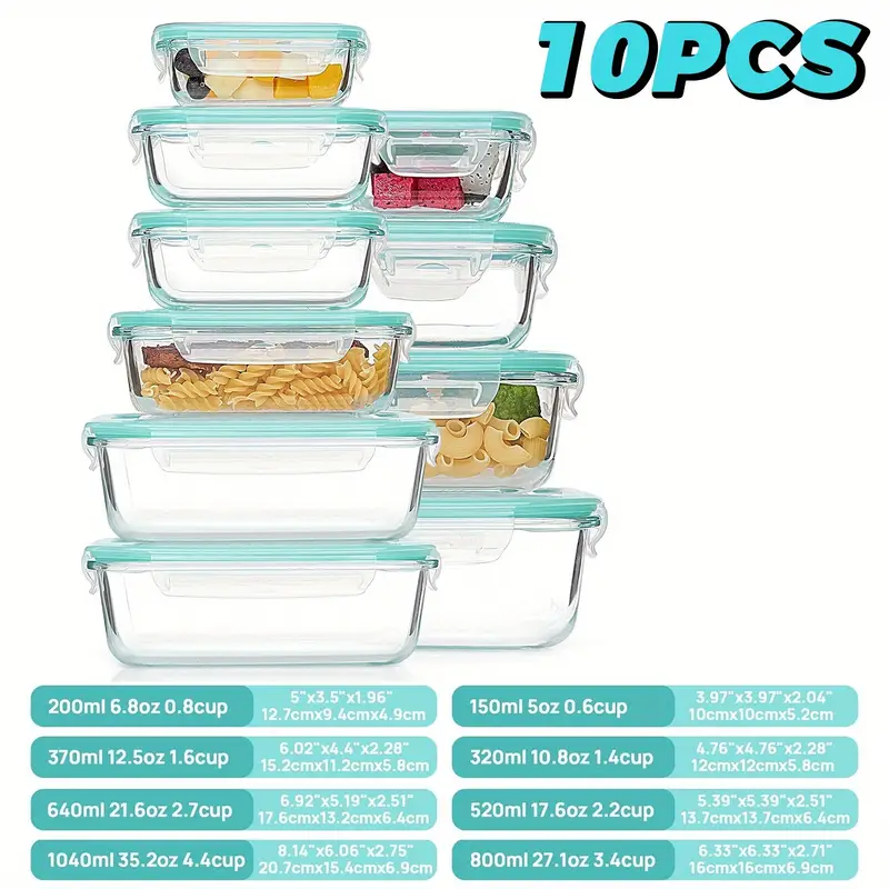 10 glass food storage containers pre meal preparation sealed bento boxes leak proof lock lids microwave ovens lunch boxes ovens refrigerators and dishwashers bpa free containing five cleaning sponges Product details 1