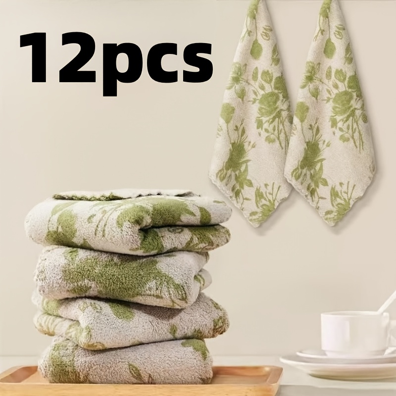 TEMU 12pcs Kitchen Dish Cloth Cleaning Towel Coral Material Green Rose Pattern Wash Wipe Table Countertop Stove Sink Home Use Soft Thick Lint Reuse