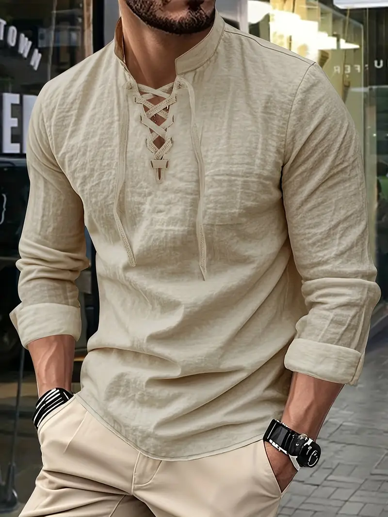 mens elegant linen v neck long sleeve t shirt with cross strap detail breathable regular fit for casual outdoor evening wear spring summer fall versatile top casual wear tee tshirt linen fabric t shirts Product details 21