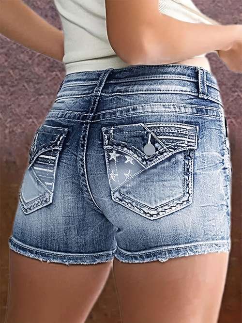 Embroidery Detail Patch Pocket Double Buttons Denim Shorts, Retro Washed Stretchy Denim Shorts, Women's Denim Jeans & Clothing
