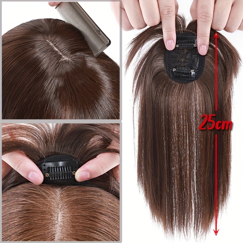 10inch 25cm hair toppers natural straight hairpiece with bangs for women 100 soft toupee hair 2 clips   clip   synthetic hair extensions hair pieces for thinning hair wiglets upgrade lace base topper festival cosplay   use details 3