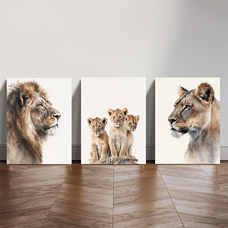 TEMU Ensemble de œuvres d'art sur toile encadrées en bois, plates 2D, avec des de lions, pour décorer votre salon ou votre chambre. mesure 12X16X0.6
