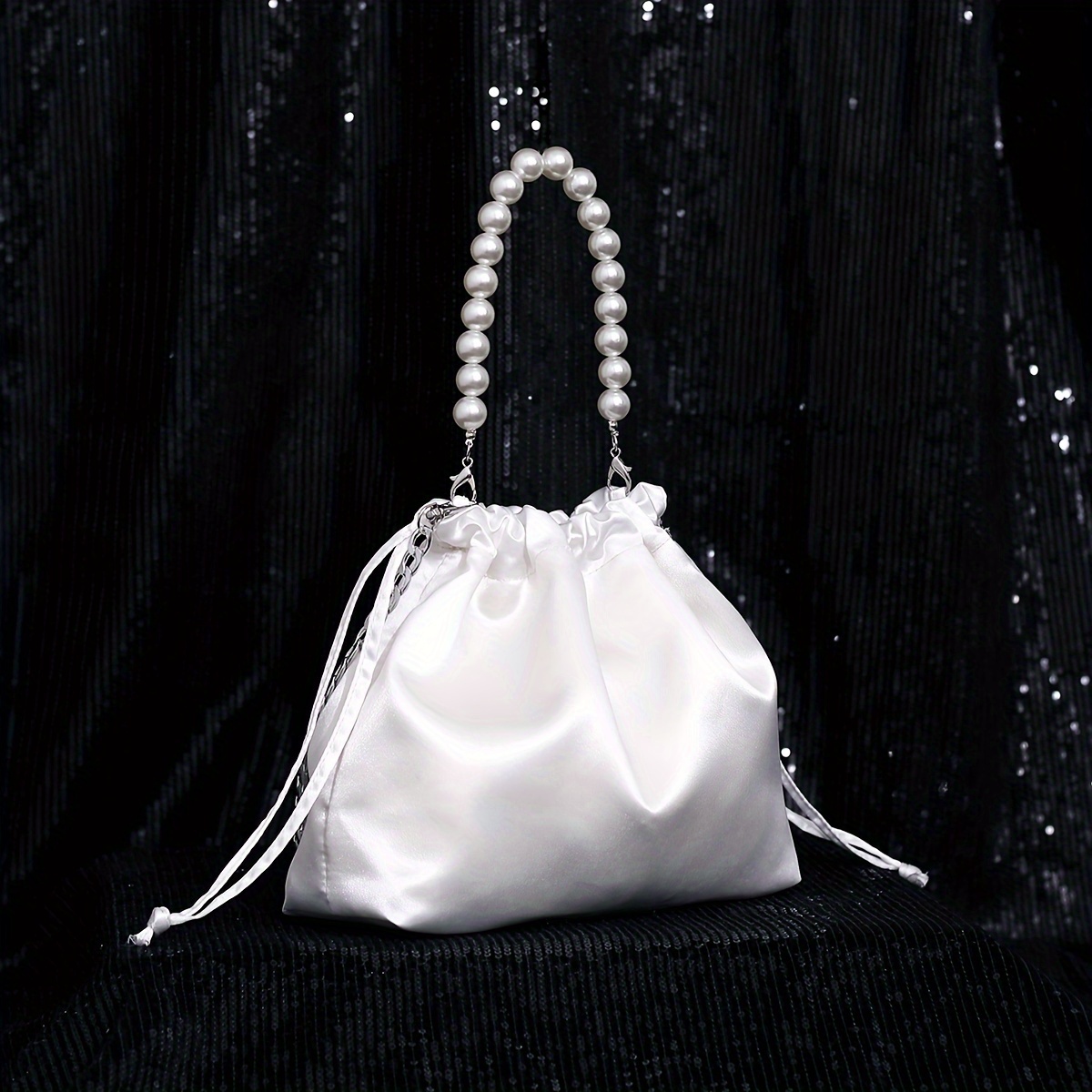 

Elegant Satin Evening Bag For Women, Classic Fashion With Faux Pearl Bracelet Chain, Drawstring Pouch, Versatile Crossbody Clutch