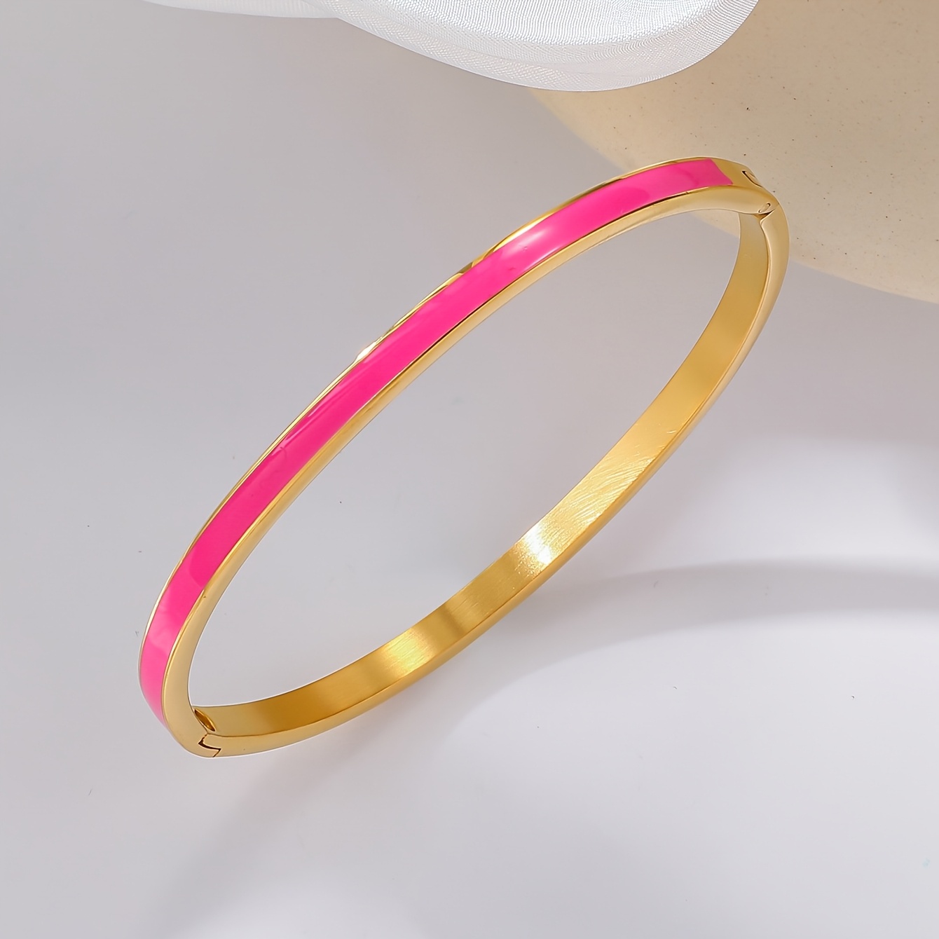 Image of Enamel Thin Hoop Bracelet - 18k Gold Plated/304 Stainless Steel, Enamel + Thin Hoop Design, 10 Colors , Macaron-like Texture, Lobster Clasp Closure, Women's Wristwear Suitable For Daily Commuting