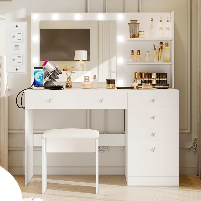 W Makeup Vanity Desk with Lighted And Power Outlets, Vanity Table  with Drawers Storage Shelves, Color Adjustable Brightness