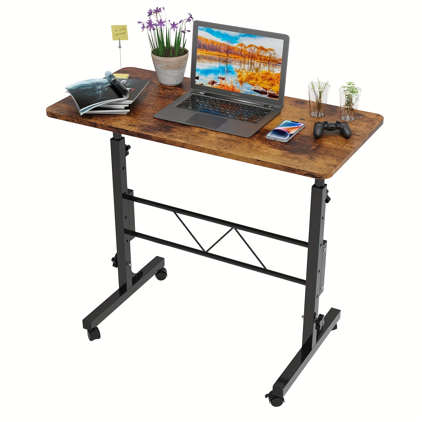 Ergonomic Sit-stand Desk With Locking Wheels & Scratch-resistant Wood Top | 74-110cm Height Adjustable For Home Office, Bedside & Living Room [easy Clean & Space- Design]