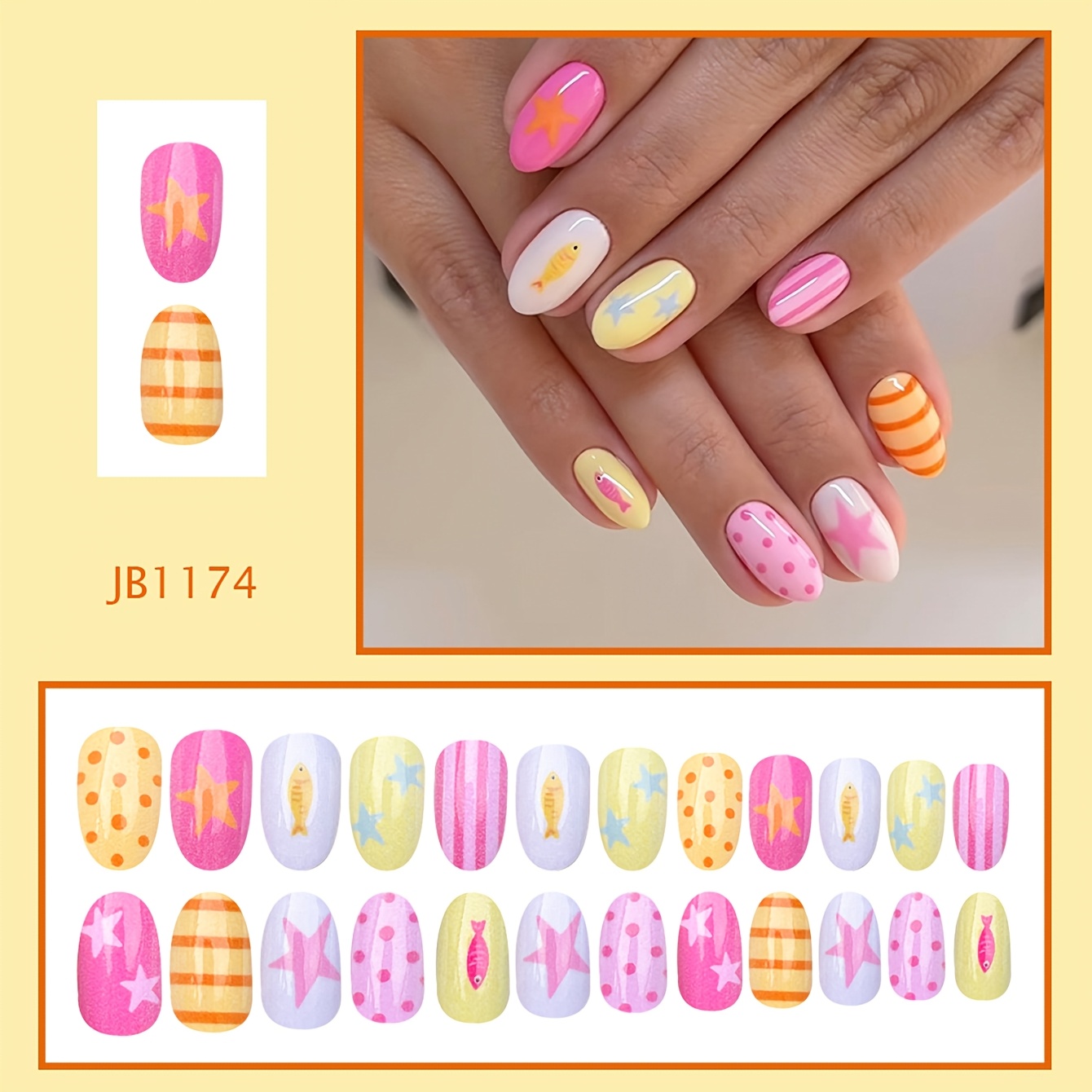 TEMU 24 uñas postizas con forma , , peces coloridos, estrellas, rayas, diseños de , y , uñas postizas removibles y reutilizables, decoración de uñas,